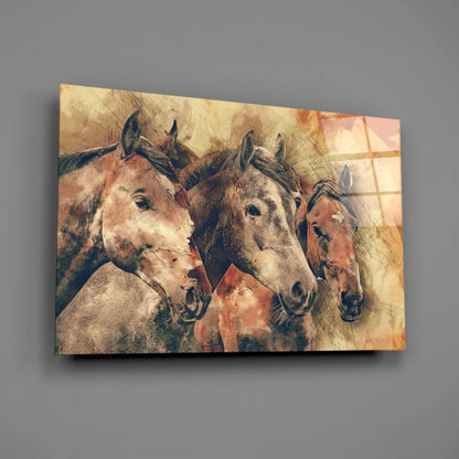 Three horses in earthy tones watercolor canvas wall art print