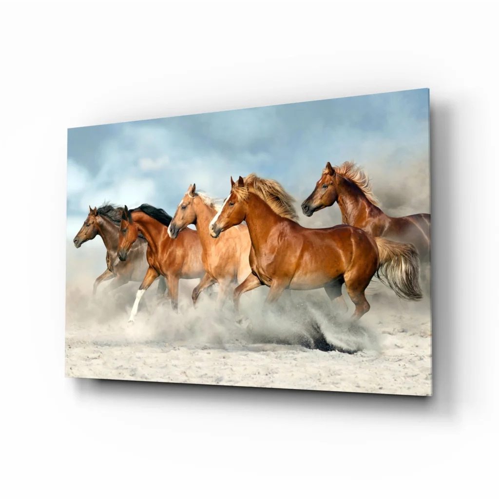 Dynamic chestnut and bay horses galloping on canvas wall art print