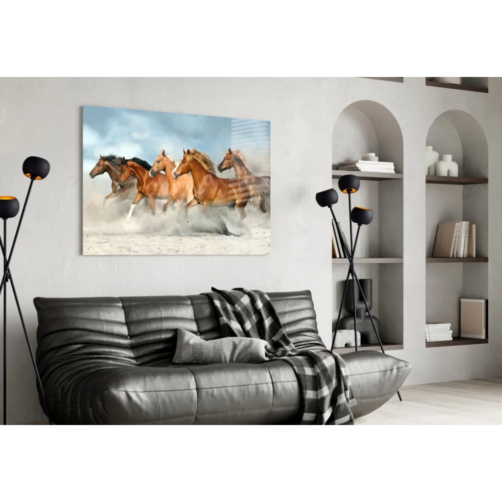Five brown horses galloping in snow wall art canvas print