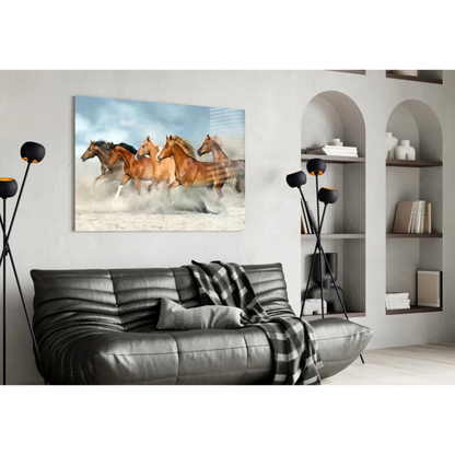 Five brown horses galloping in snow wall art canvas print