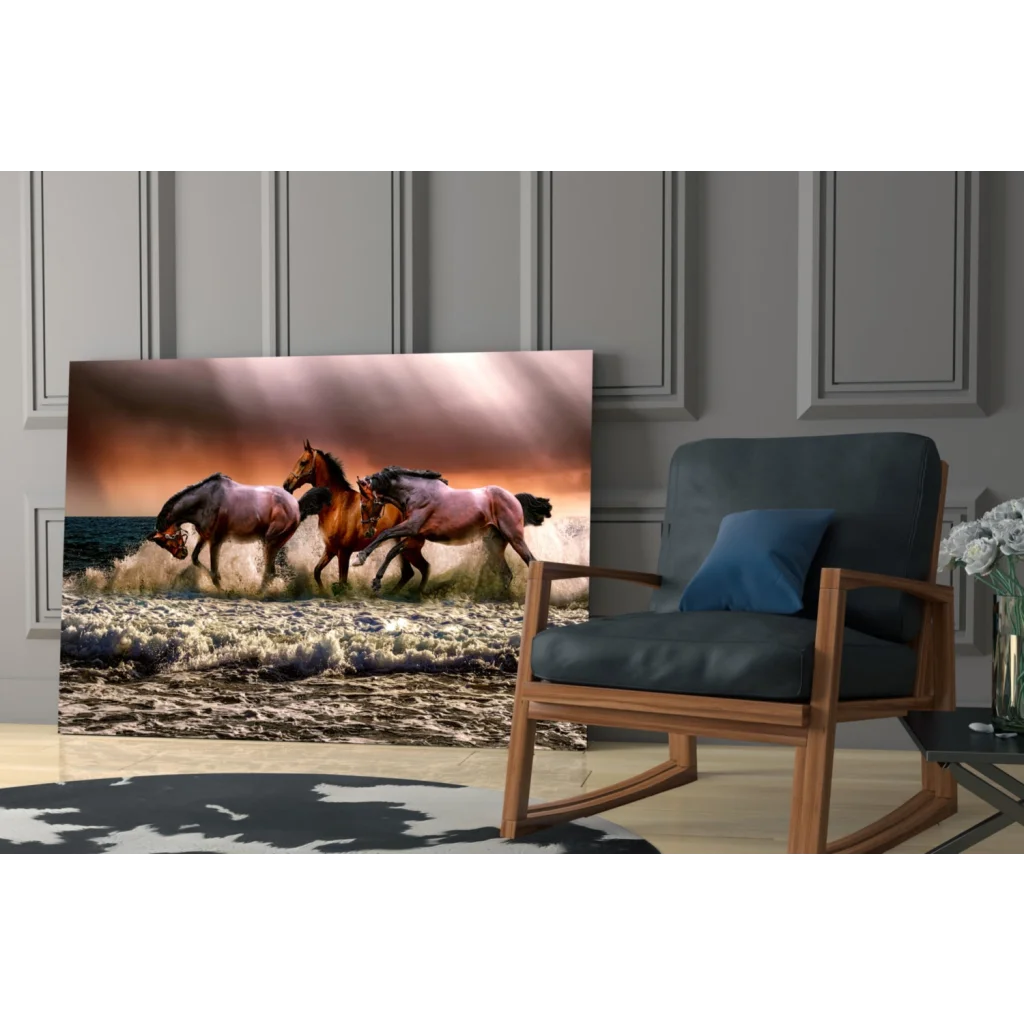 Vibrant horses galloping through waves canvas wall art