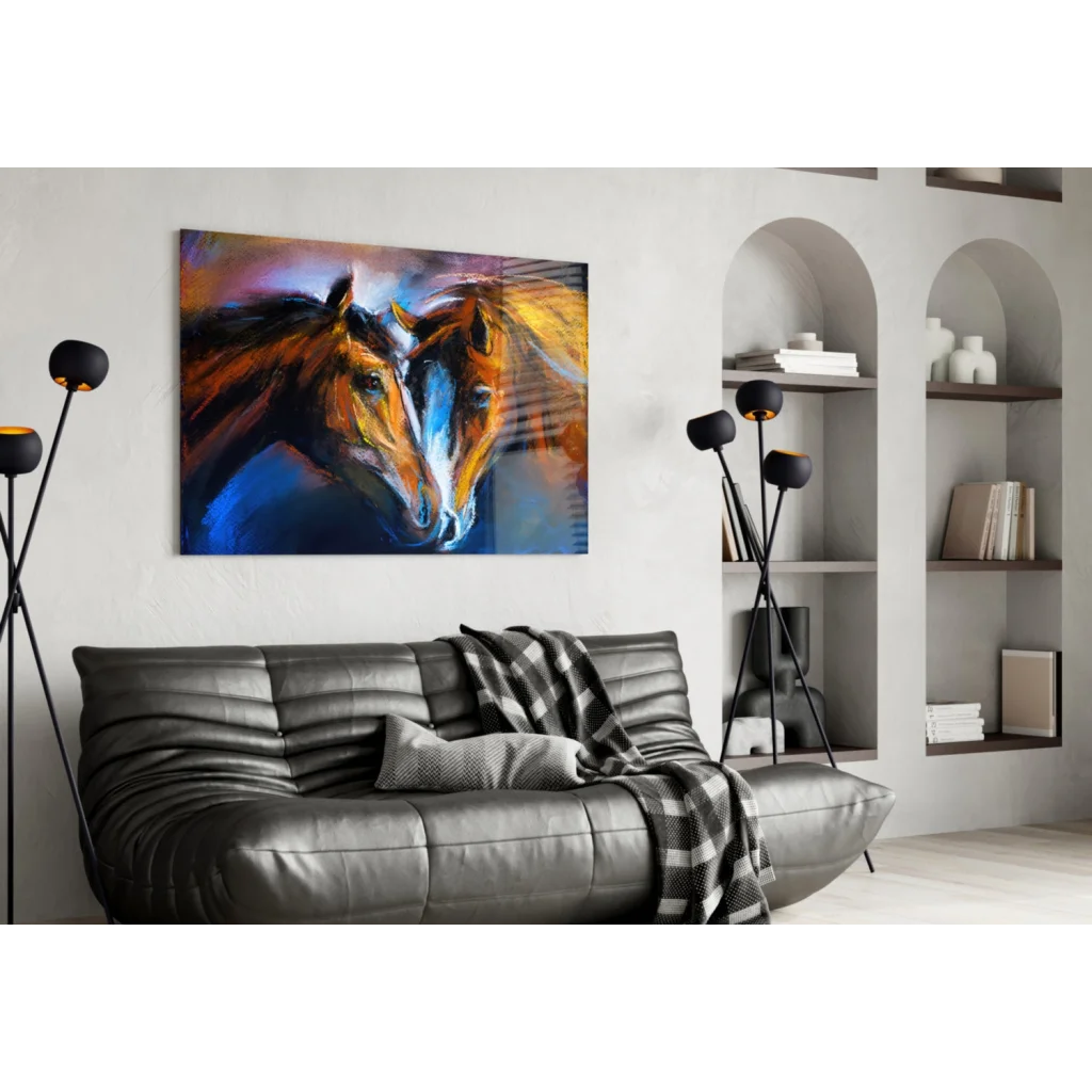 Vibrant abstract glass wall art of two horses in browns and blues