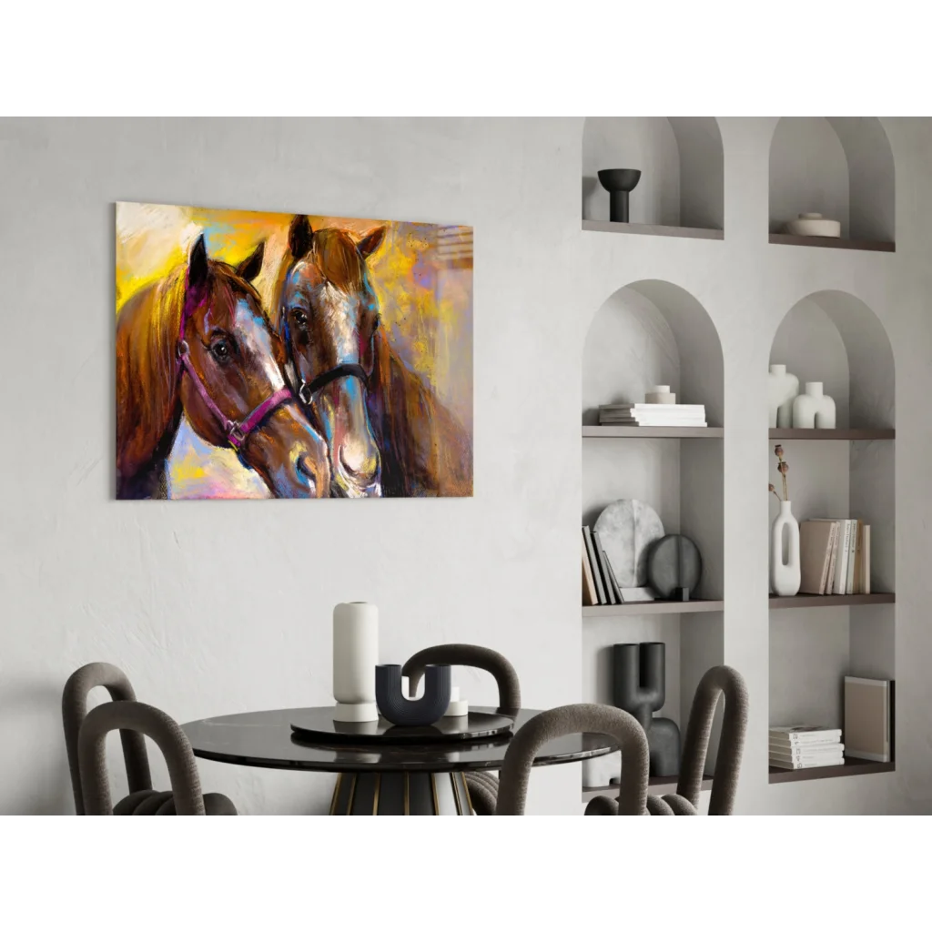 Vibrant abstract glass wall art of two horses in warm brown and golden hues