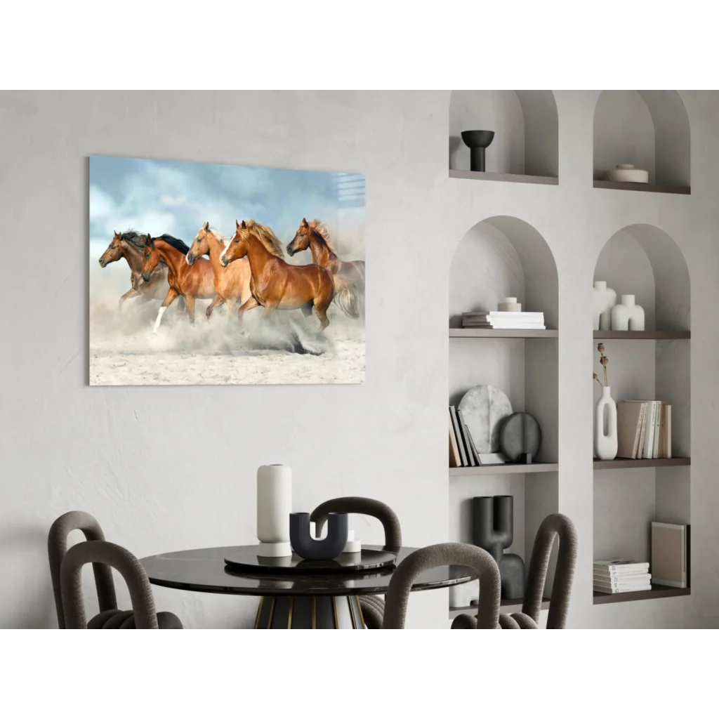 Five brown and black horses galloping in snowy landscape wall art canvas print