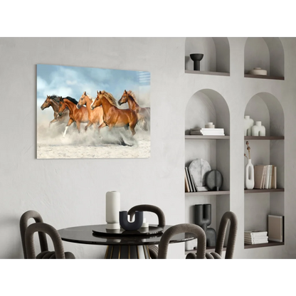 Five brown and black horses galloping in snowy landscape wall art canvas print
