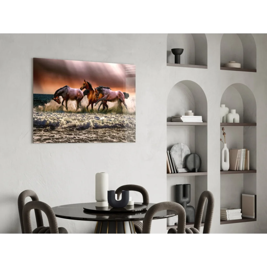 Three horses galloping through waves canvas wall art on white wall