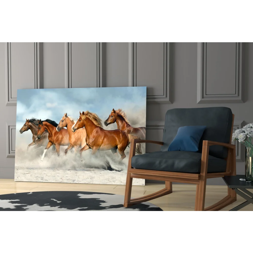 Dynamic herd of brown horses galloping in snowy wall art print