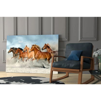 Dynamic herd of brown horses galloping in snowy wall art print