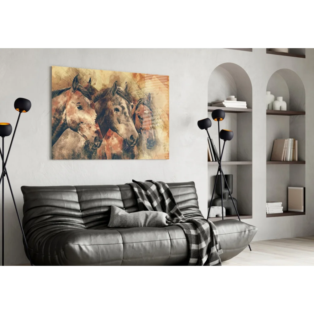 Three horses earthy tones canvas wall art above gray sofa
