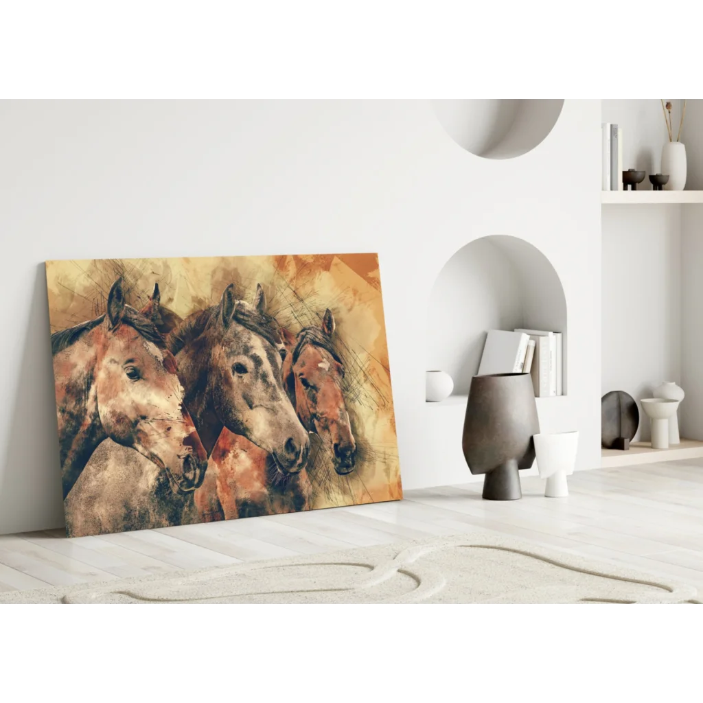 Three horses earthy tones modern abstract canvas wall art