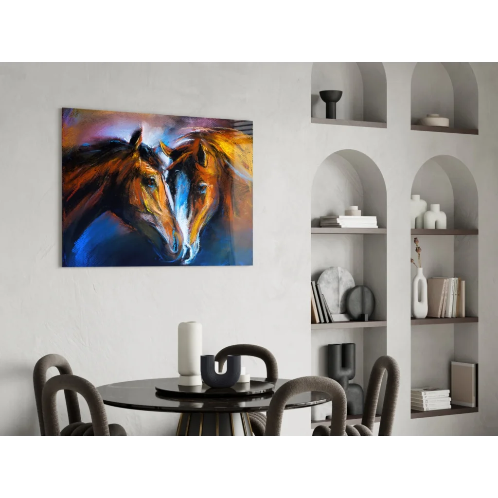 Vibrant abstract glass wall art of two horses in browns and blues