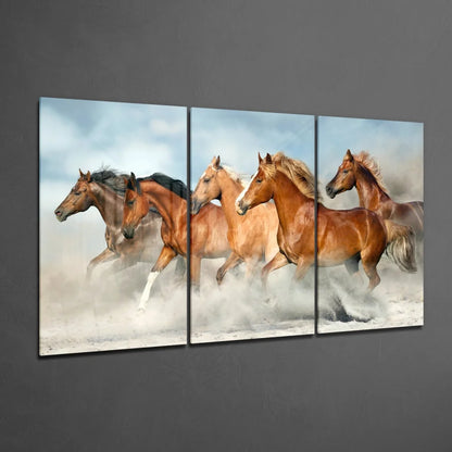Dynamic wild horses galloping in Insigne Glass Art triptych canvas