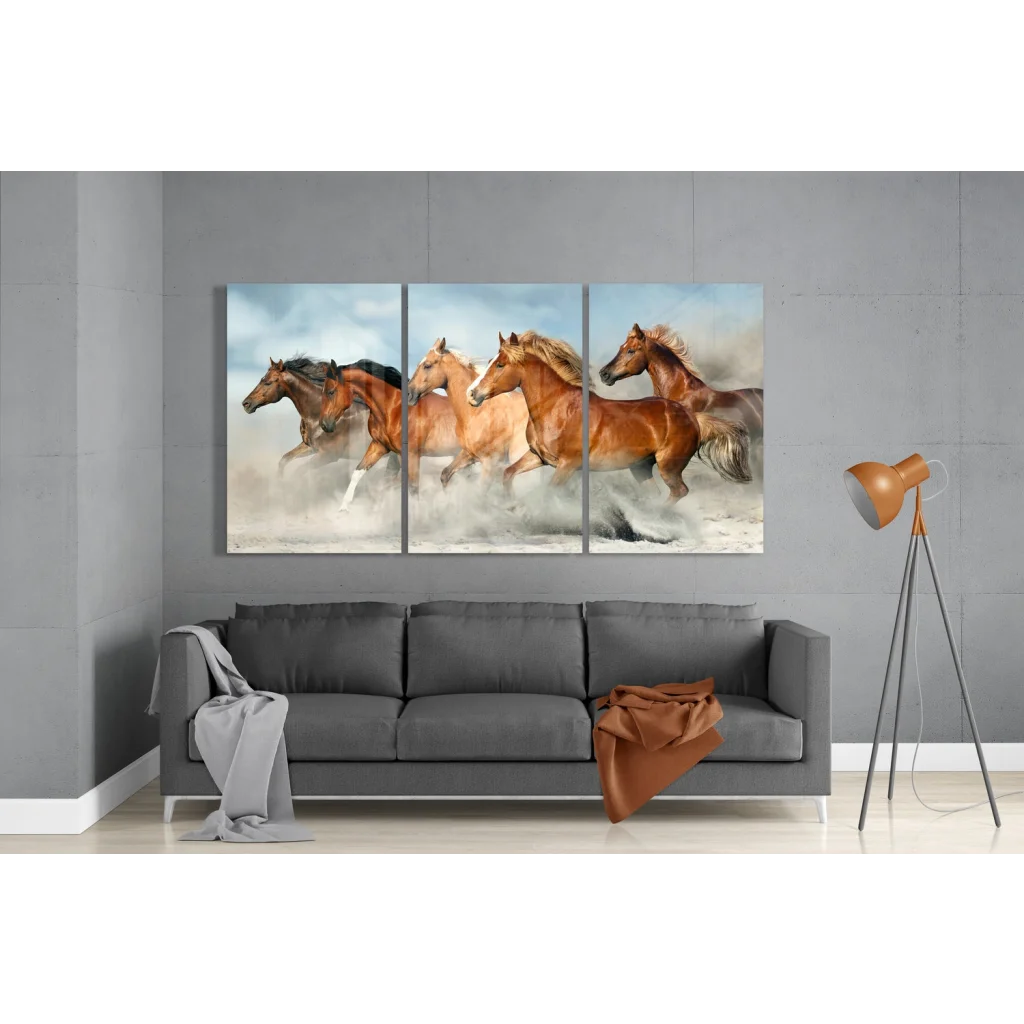 Dynamic brown and black horses galloping in dust, insigne glass art triptych canvas
