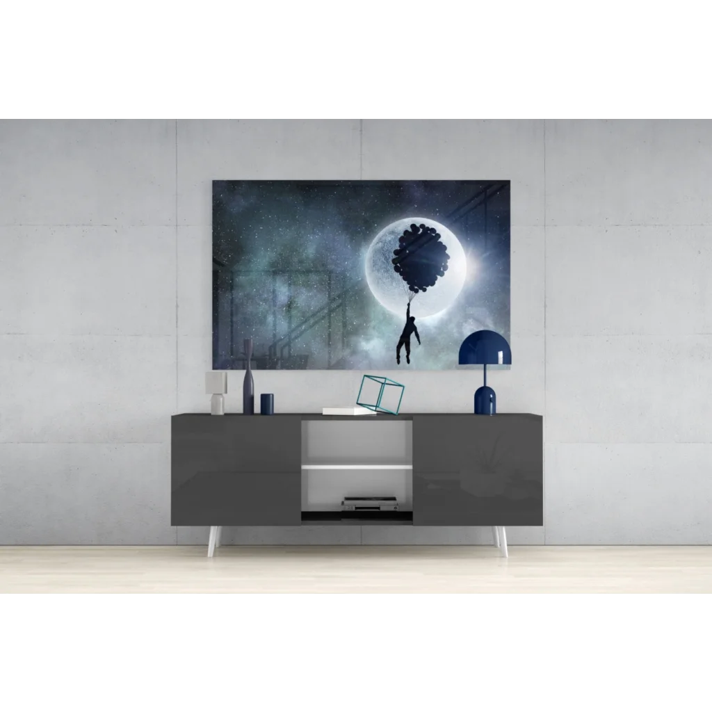 Moonlit balloon dreams glass wall art with blue dome lamp on gray table