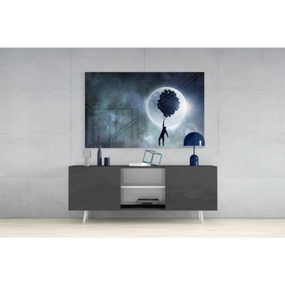 Moonlit balloon dreams glass wall art with blue dome lamp on gray table