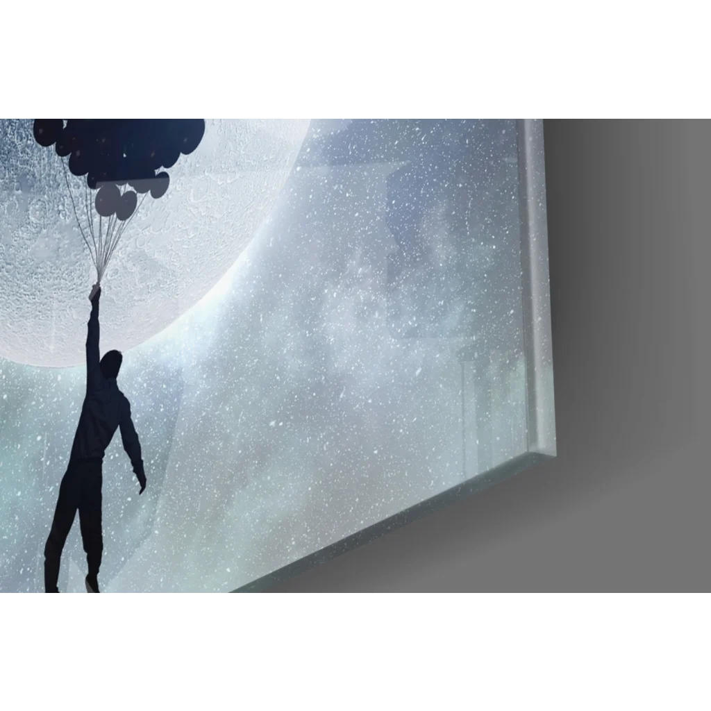 Black silhouette holding balloons on starry cosmic backdrop wall art