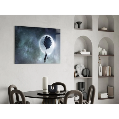 Moonlit balloon tree silhouette canvas wall art under starry sky