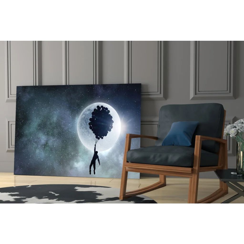 Moonlit balloon dreams wall art silhouette with glowing moon