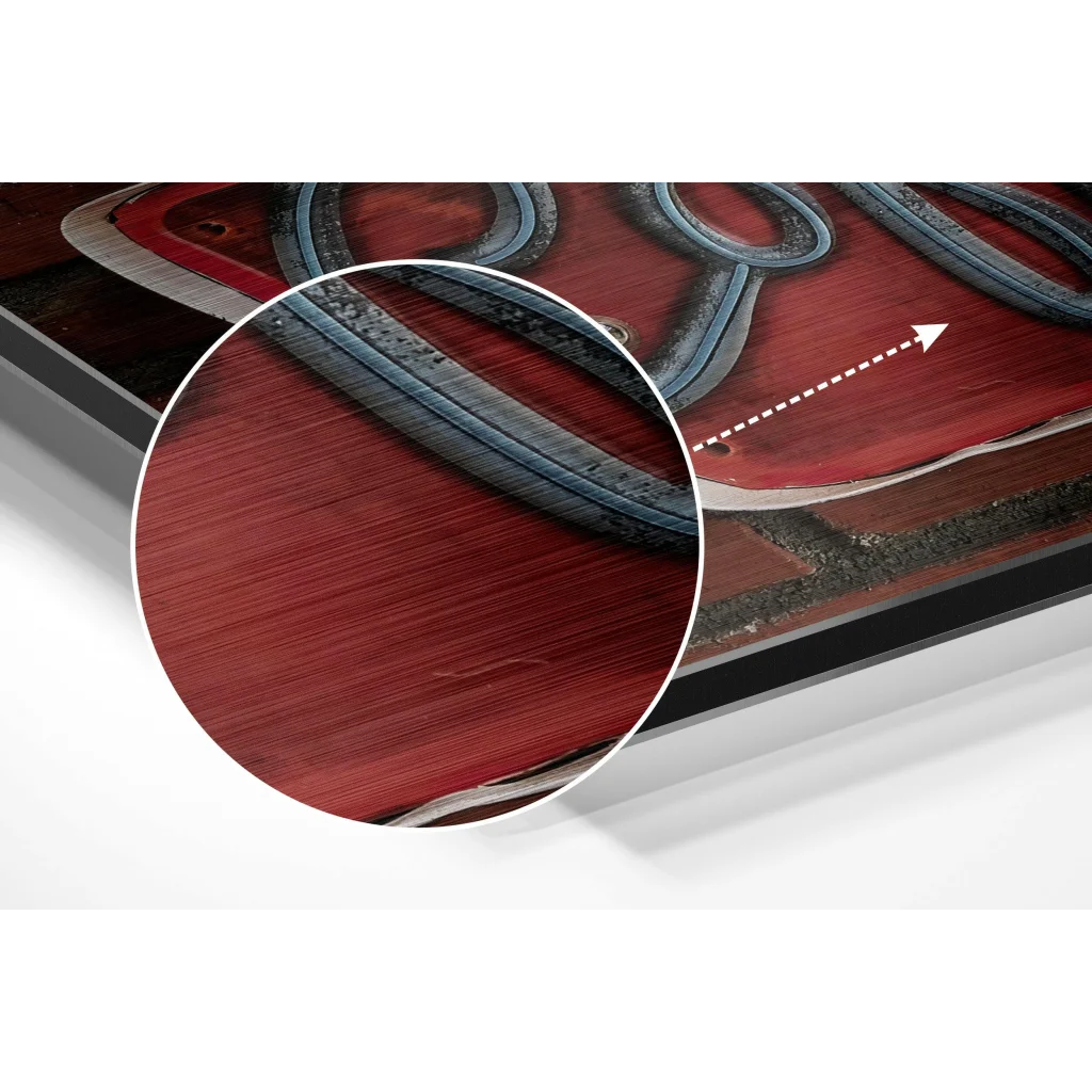 Red wood-grain canvas with dark blue trim on brushed aluminium dibond print