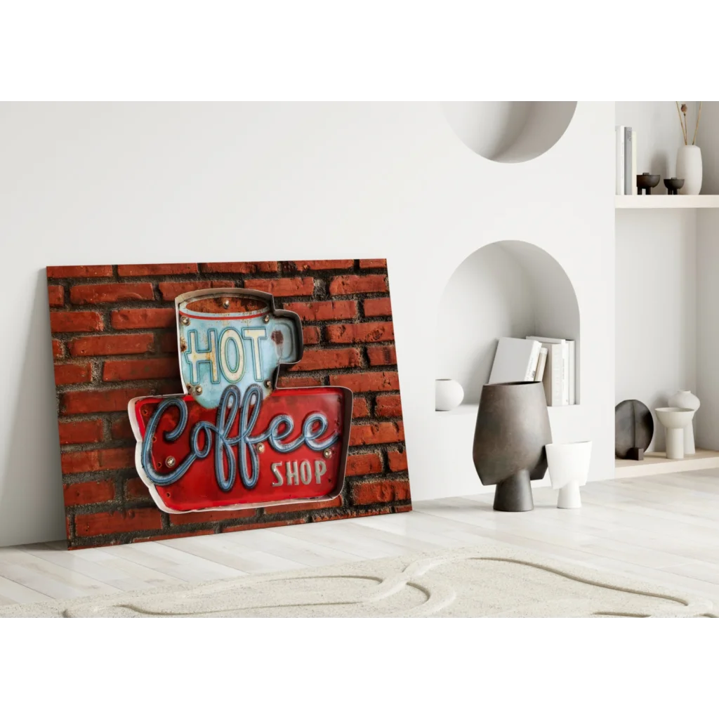 Vintage neon coffee shop sign wall art canvas print with glowing blue lettering