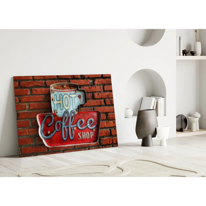 Vintage neon coffee shop sign wall art canvas print with glowing blue lettering