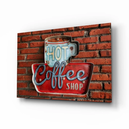 Vintage neon coffee shop sign on glowing glass wall art canvas print