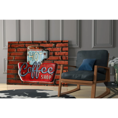 Vintage neon coffee shop sign wall art canvas print with blue mug