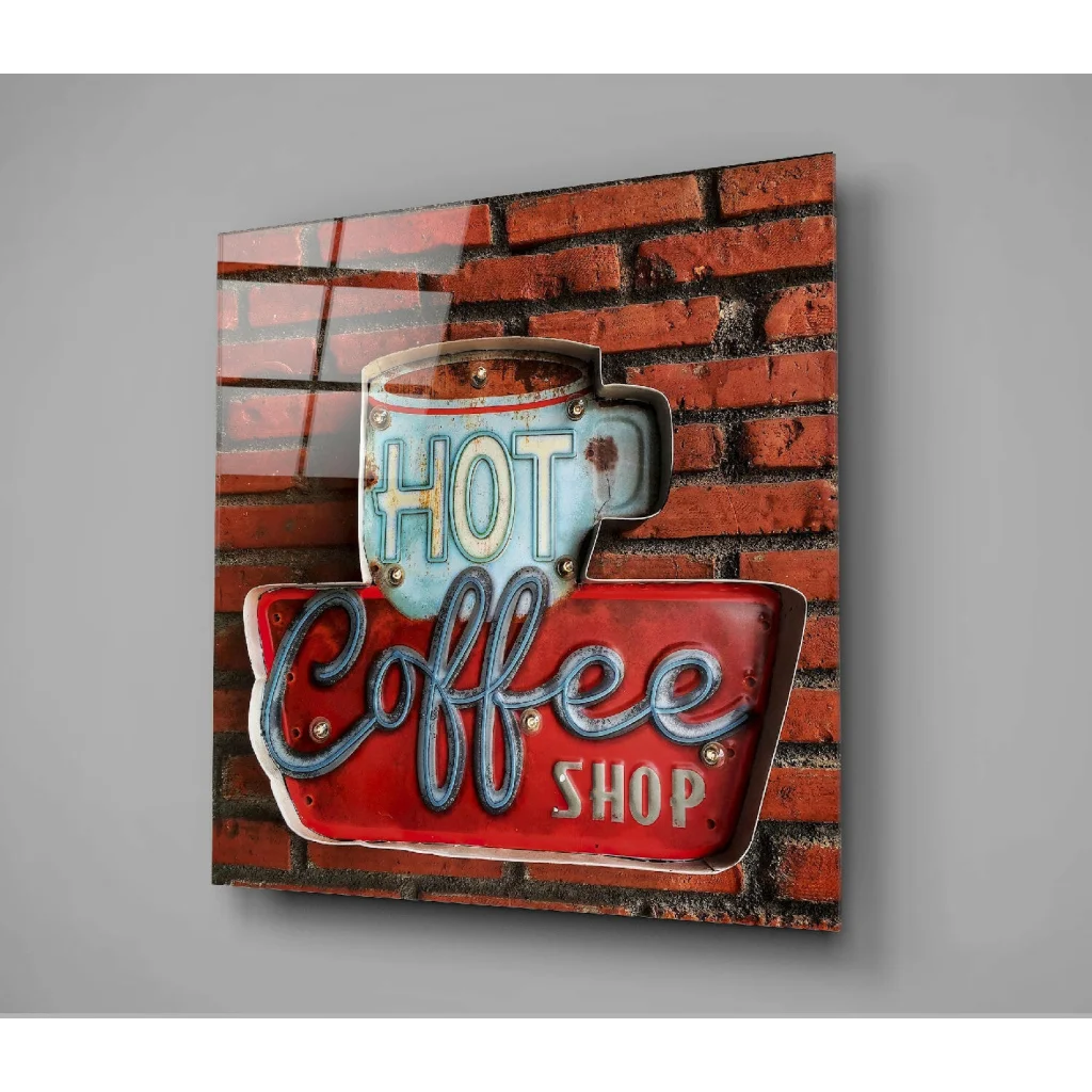 Retro neon coffee shop glass wall art sign with blue mug and red plaque on brick