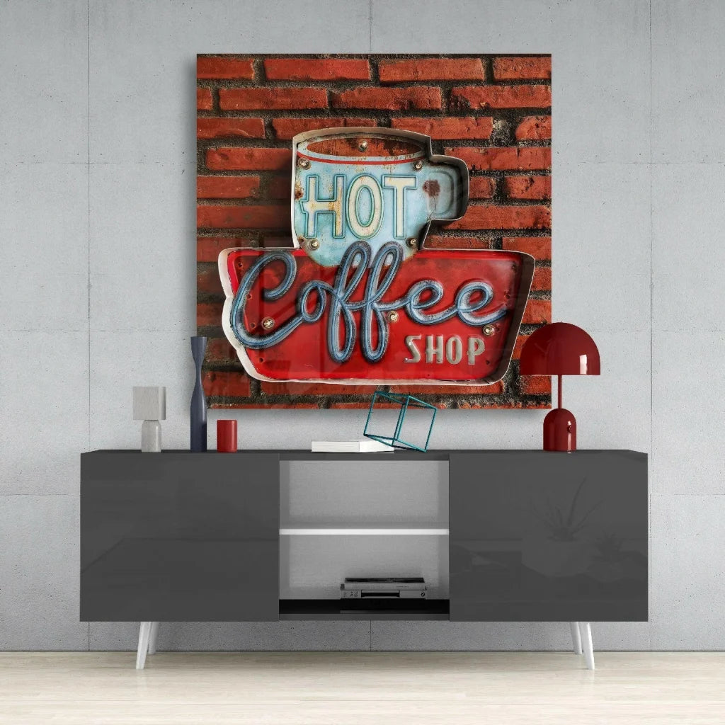 Vintage red and blue neon coffee shop glass wall art on brick backdrop