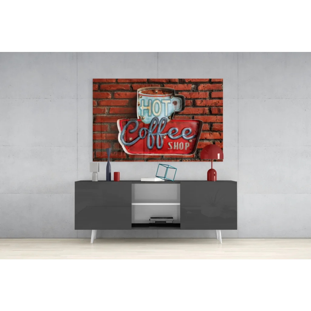 Vintage neon coffee shop sign wall art canvas print on red brick