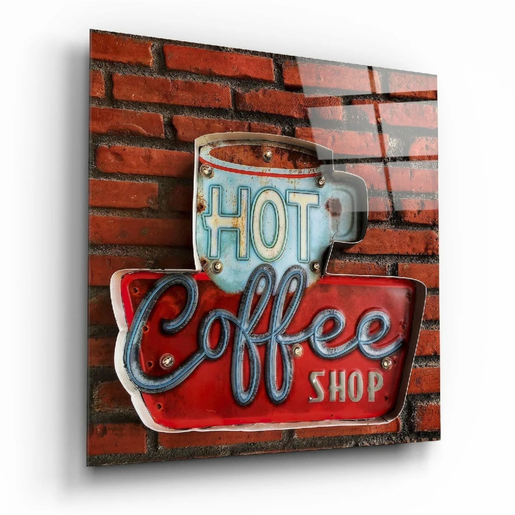 Retro neon coffee shop glass wall art sign with blue cup and red script