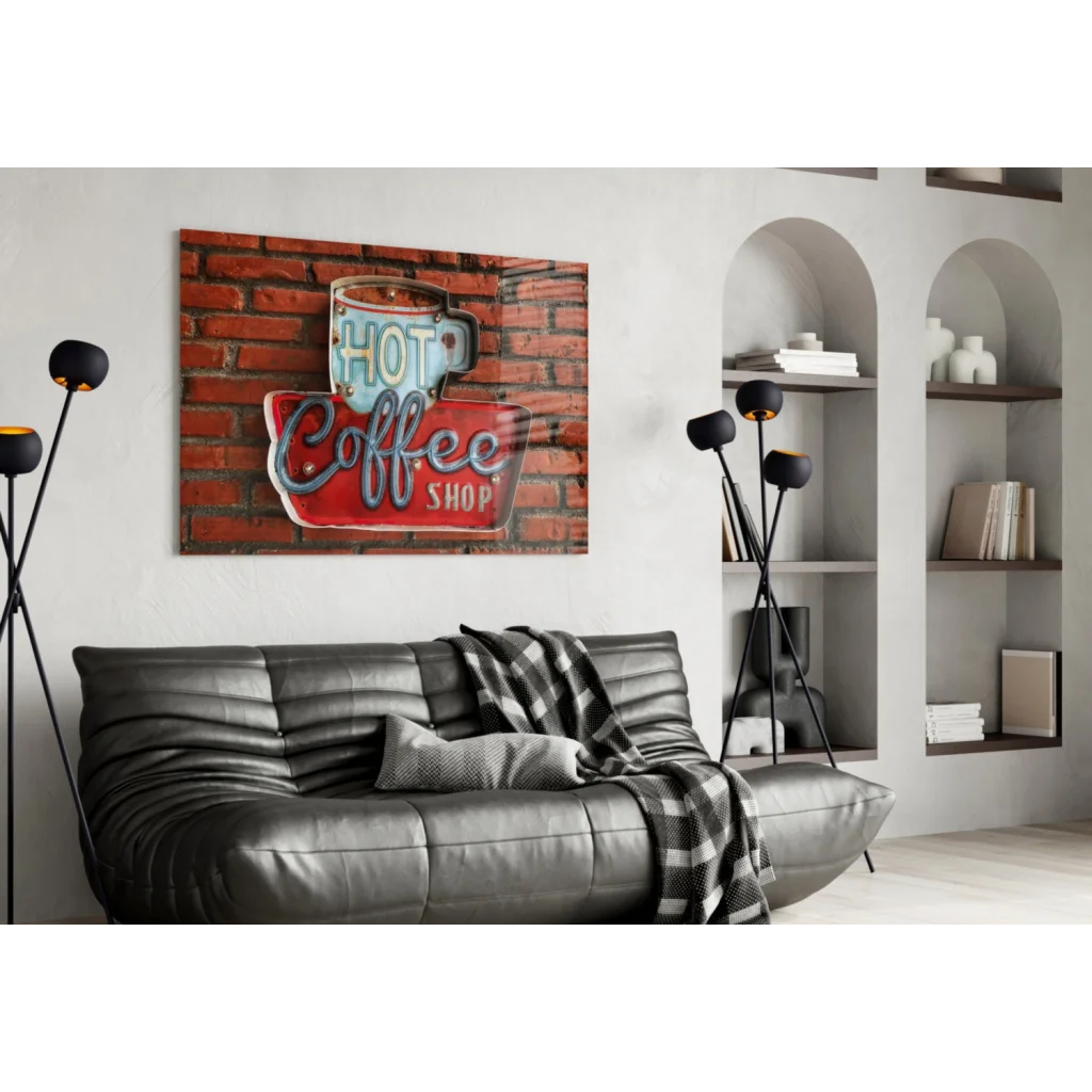 Vintage neon coffee shop sign on brick wall, glowing glass wall art canvas print