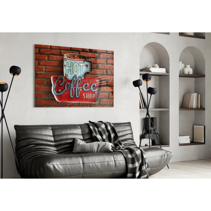 Vintage neon coffee shop sign on brick wall, glowing glass wall art canvas print