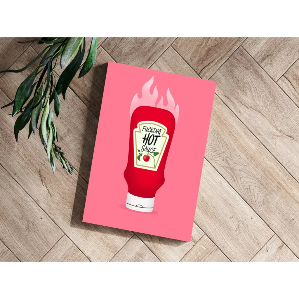 Vibrant cartoon ketchup bottle on insigne aluminum print, fucking hot sauce label