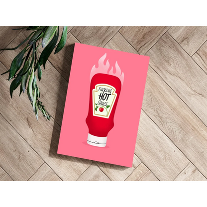 Vibrant cartoon ketchup bottle on insigne aluminum print, fucking hot sauce label