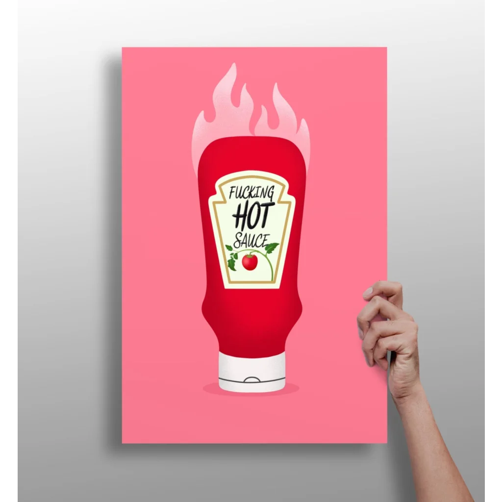 Vibrant pink poster on insigne aluminum print of flaming hot sauce bottle