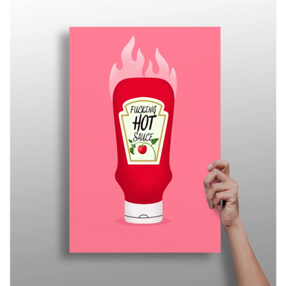 Vibrant pink poster on insigne aluminum print of flaming hot sauce bottle