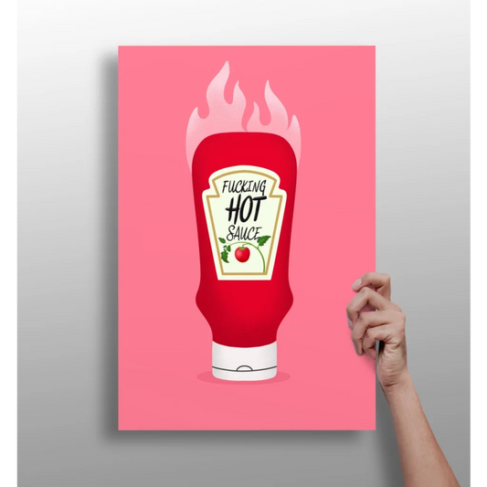Vibrant pink poster on insigne aluminum print of flaming hot sauce bottle