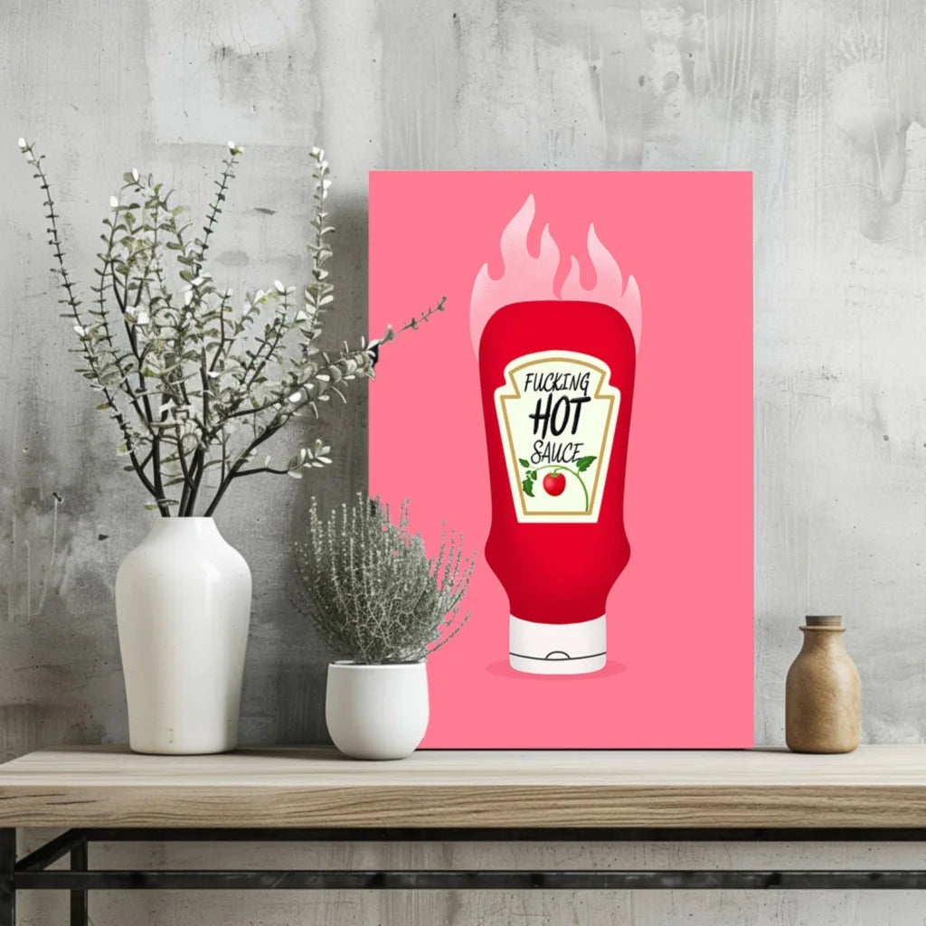 Vibrant pink insigne aluminum print of spicy fucking hot sauce bottle with flames