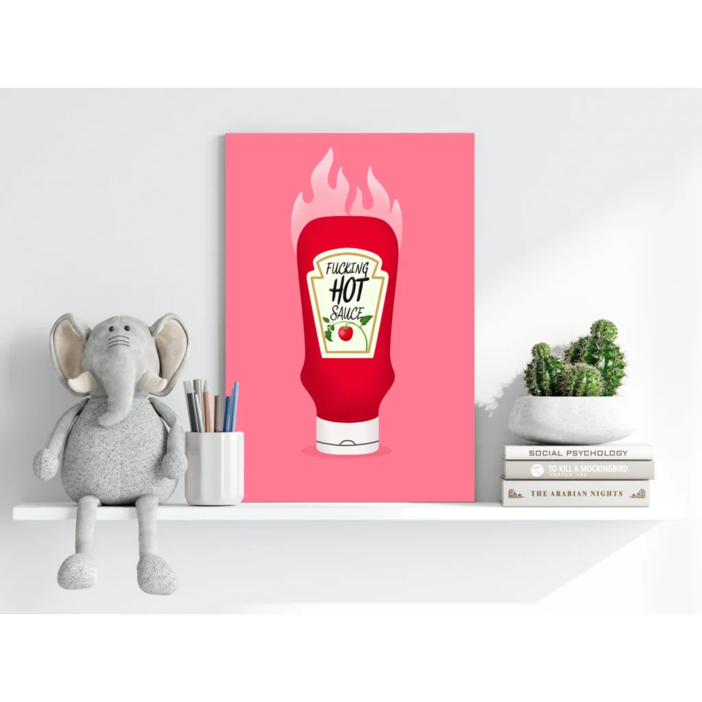 Vibrant pink Heinz hot sauce with flames on insigne aluminum print