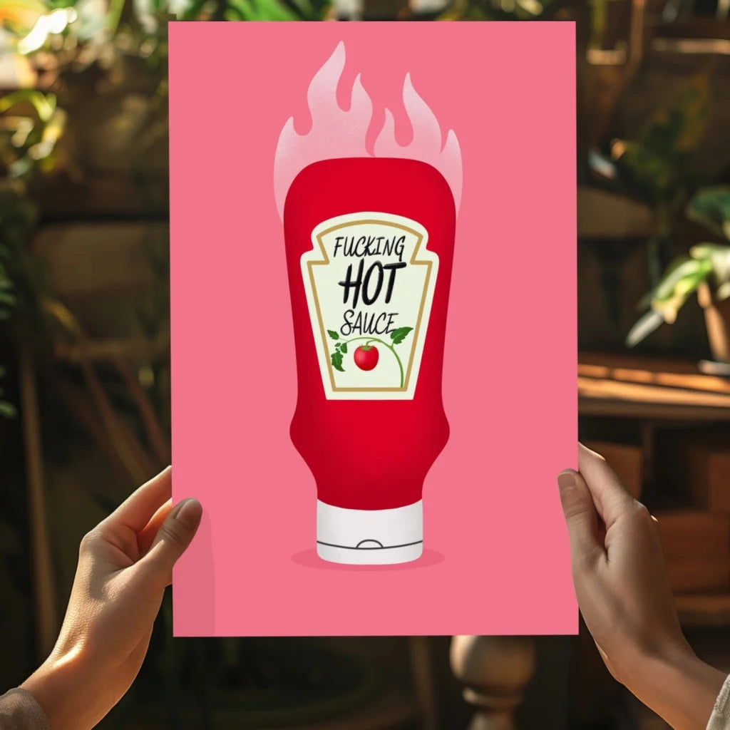 Vibrant pink poster of flaming red ketchup bottle on Spicy Fucking Hot Sauce insigne aluminum print