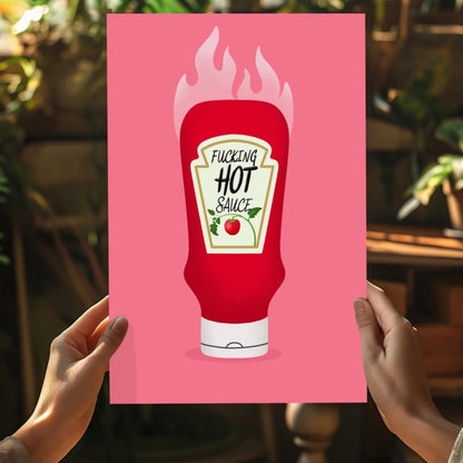 Vibrant pink poster of flaming red ketchup bottle on Spicy Fucking Hot Sauce insigne aluminum print