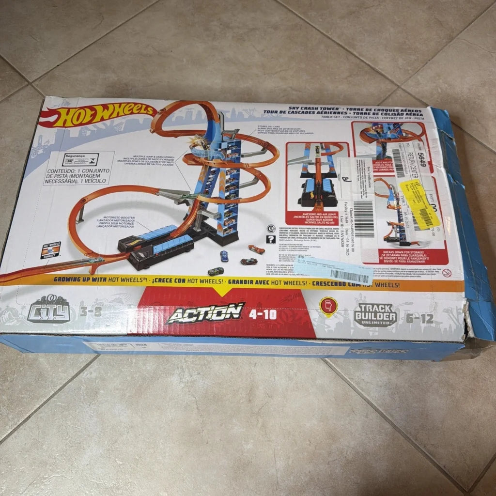 Hot Wheels Sky Crash Tower Track Set in orange blue plastic with black base