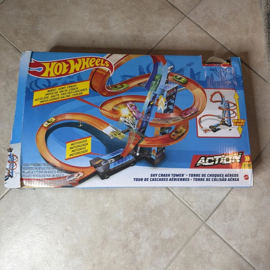 Hot Wheels Sky Crash Tower track set with orange blue track motorized cars