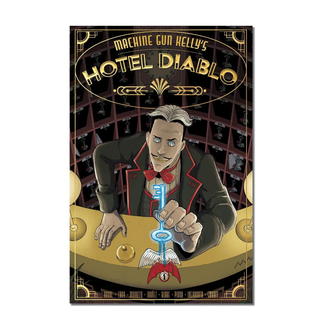 Stylized bellhop from Hotel Diablo by Martin Morazzo holding glowing winged key