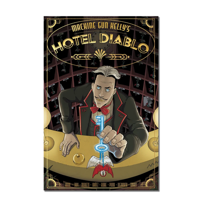 Stylized bellhop from Hotel Diablo by Martin Morazzo holding glowing winged key