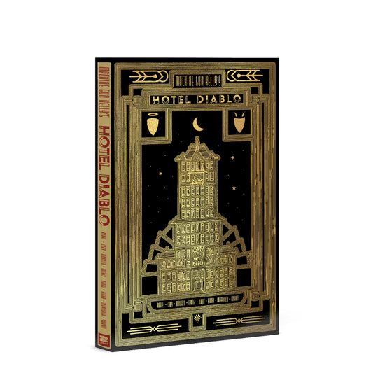 Black and gold art deco-style album cover for Hotel Diablo by Machine Gun Kelly with Martin Morazzo art