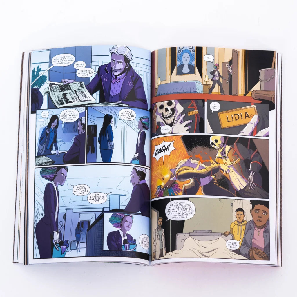 Open comic book with colorful illustrations from Hotel Diablo by Machine Gun Kelly