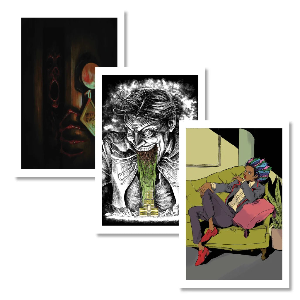 Three unique art prints from Hotel Diablo by Machine Gun Kelly featuring Martin Morazzo