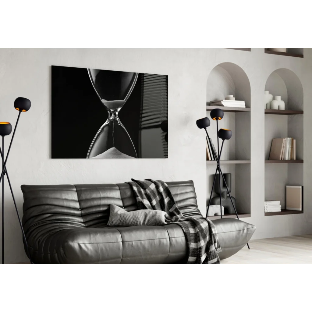 Black-and-white hourglass glass wall art canvas print close-up